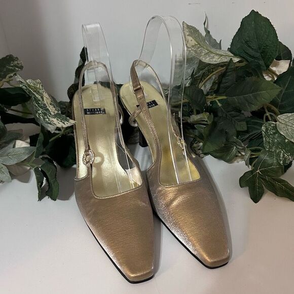 NWOT Stuart Weitzman Heels Women's Size 8.5 Gold Slingback Shimmery Ankle Strap - Picture 1 of 14